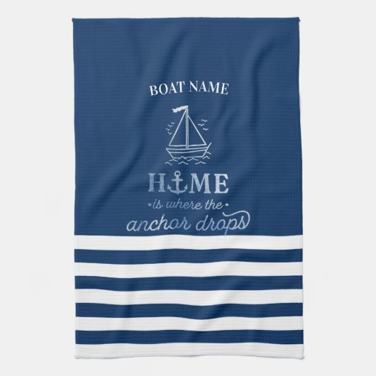Nautische bootanker marineblauw gestreept theedoek (Verticaal)