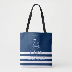 Nautische bootanker marineblauw gestreept tote bag