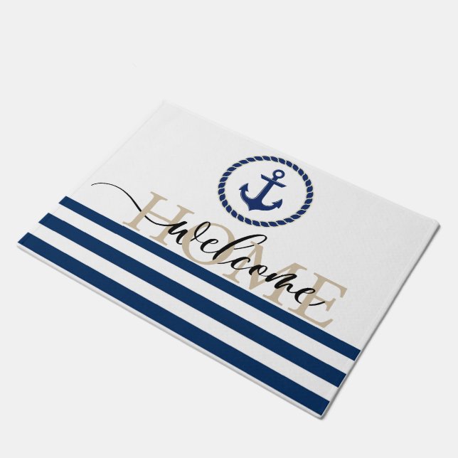 Nautische Bootnaam, anker blauw gestreept Deurmat (Schuin)