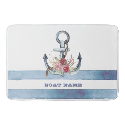 Nautische bootnaam, anker bloemen strepen badmat (Voorkant)