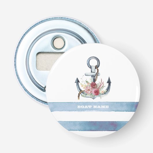 Nautische bootnaam, anker bloemen strepen button flesopener (Voorkant)