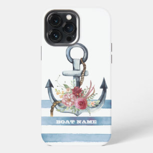 Nautische bootnaam, anker bloemen strepen iPhone 13 pro max hoesje
