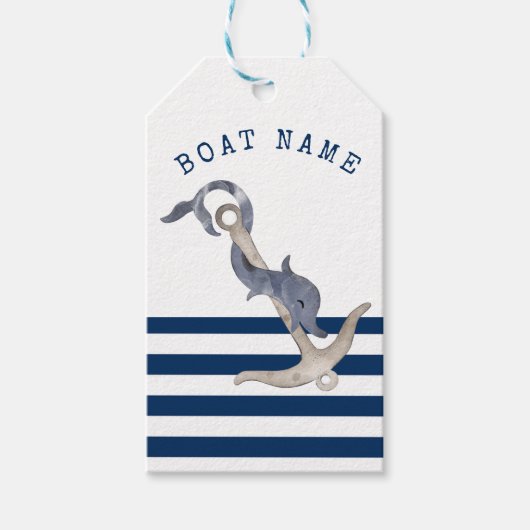 Nautische bootnaam, Anker Dolfijn Marineblauw Cadeaulabel (Voorkant)