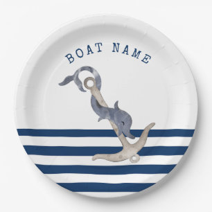 Nautische bootnaam, anker dolfijn marineblauw papieren bordje