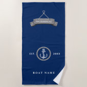Nautische bootnaam anker marineblauw strandlaken (Voorkant)