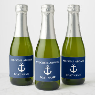 Nautische Bootnaam Anker Navy Blue Welkom aan boor Sparkling Wijnetiket