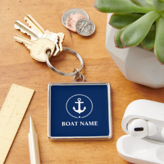 Nautische Bootnaam Anker Rope Navy Blue Square Sleutelhanger