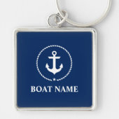 Nautische Bootnaam Anker Rope Navy Blue Square Sleutelhanger (Voorkant)