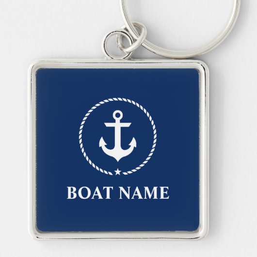 Nautische Bootnaam Anker Rope Navy Blue Square Sleutelhanger (Voorkant)