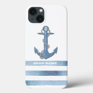 Nautische bootnaam, Anker, Touw, Lichtblauwe strep Case-Mate iPhone Case