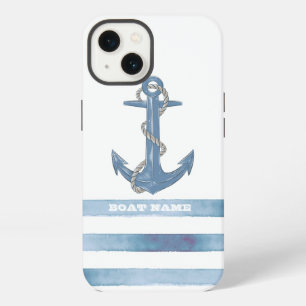 Nautische bootnaam, Anker, Touw, Lichtblauwe strep iPhone 13 Hoesje
