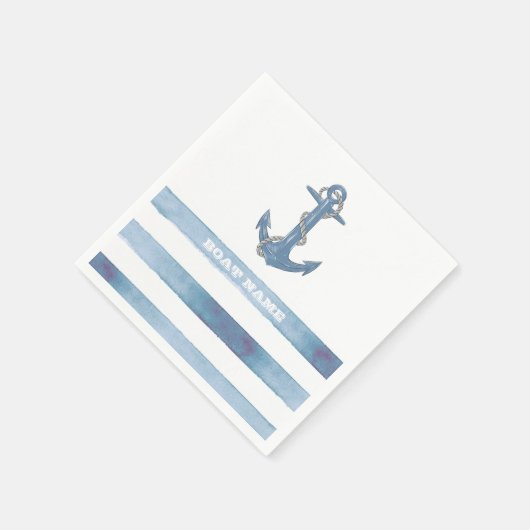 Nautische bootnaam,anker,touw,lichtblauwe strepen servet (Hoek)