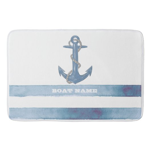 Nautische bootnaam,anker,touw,lichte blauwe strepe badmat (Voorkant)