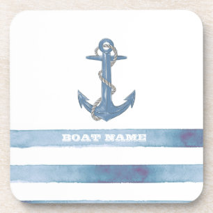Nautische bootnaam,anker,touw,lichte blauwe strepe bier onderzetter