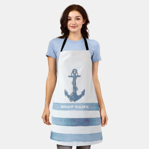 Nautische bootnaam,anker,touw,lichte blauwe strepe schort