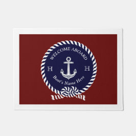 Nautische Bootnaam Anker Touw Navy Blue Maroon Deurmat