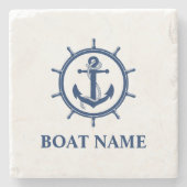 Nautische Bootnaam Anker Wiel Marmer Stenen Onderzetter (Voorkant)