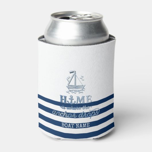 Nautische Bootnaam, Anker Zee Navy Blauw Gestreept Blikjeskoeler (Blikje Voorkant)