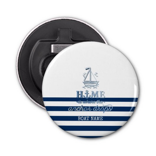 Nautische Bootnaam, Anker Zee Navy Blauw Gestreept Button Flesopener (Voorkant)