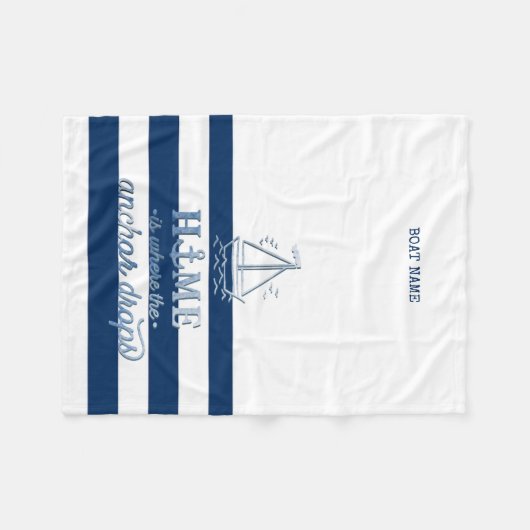 Nautische Bootnaam, Anker Zee Navy Blauw Gestreept Fleece Deken (Voorkant (Horizontaal))
