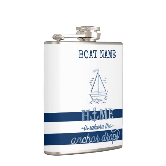 Nautische Bootnaam, Anker Zee Navy Blauw Gestreept Heupfles (Rechts)