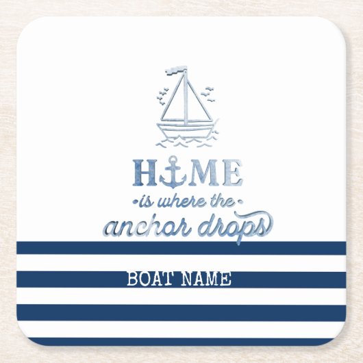 Nautische Bootnaam, Anker Zee Navy Blauw Gestreept Kartonnen Onderzetters (Voorkant)
