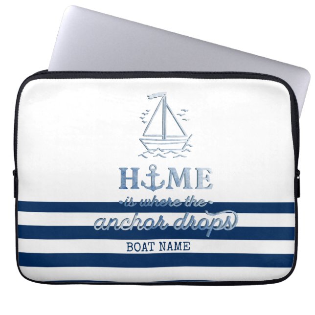 Nautische Bootnaam, Anker Zee Navy Blauw Gestreept Laptop Sleeve (Voorkant)