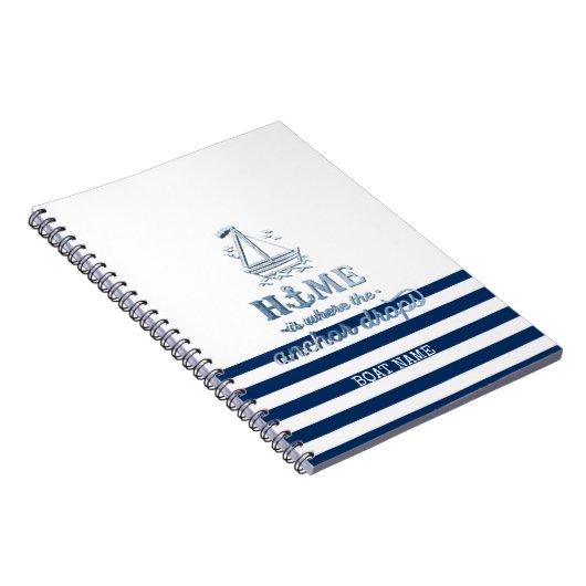 Nautische Bootnaam, Anker Zee Navy Blauw Gestreept Notitieboek (Rechterzijde)
