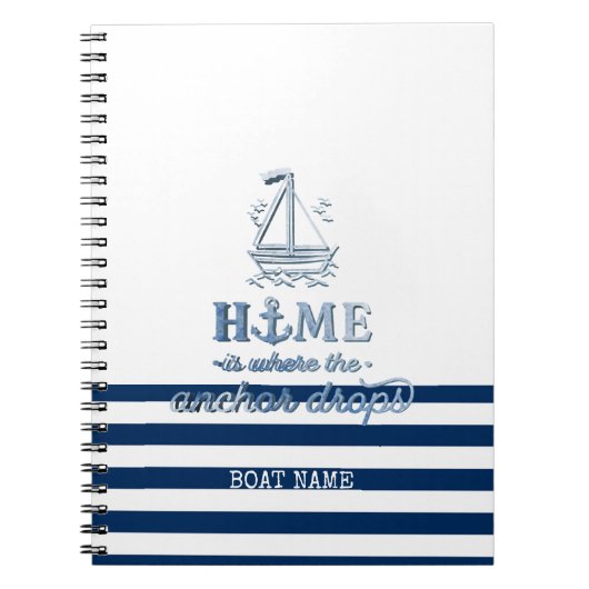 Nautische Bootnaam, Anker Zee Navy Blauw Gestreept Notitieboek (Voorkant)