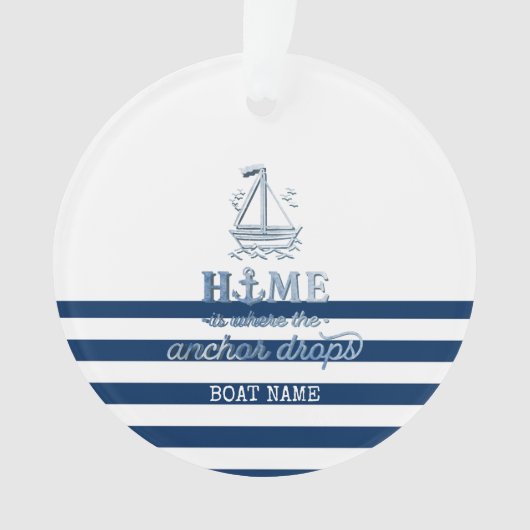 Nautische Bootnaam, Anker Zee Navy Blauw Gestreept Ornament (voorkant)