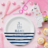 Nautische Bootnaam, Anker Zee Navy Blauw Gestreept Papieren Bordje (Feest)