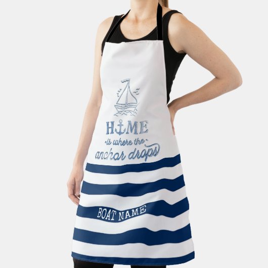 Nautische Bootnaam, Anker Zee Navy Blauw Gestreept Schort (Insitu)