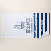 Nautische Bootnaam, Anker Zee Navy Blauw Gestreept Strandlaken (Voorkant)