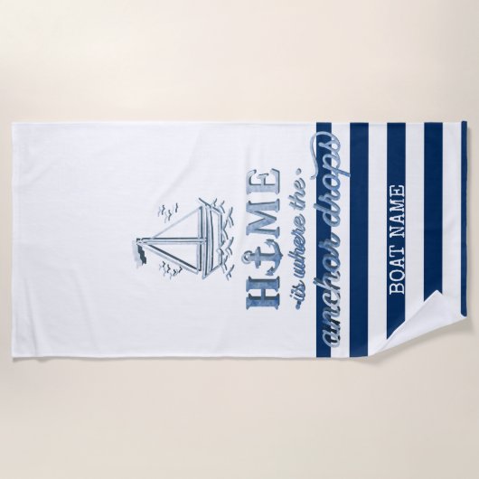 Nautische Bootnaam, Anker Zee Navy Blauw Gestreept Strandlaken (Voorkant)