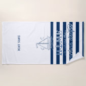 Nautische Bootnaam, Anker Zee Navy Blauw Gestreept Strandlaken (Voorkant)