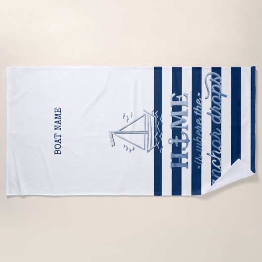 Nautische Bootnaam, Anker Zee Navy Blauw Gestreept Strandlaken (Voorkant)
