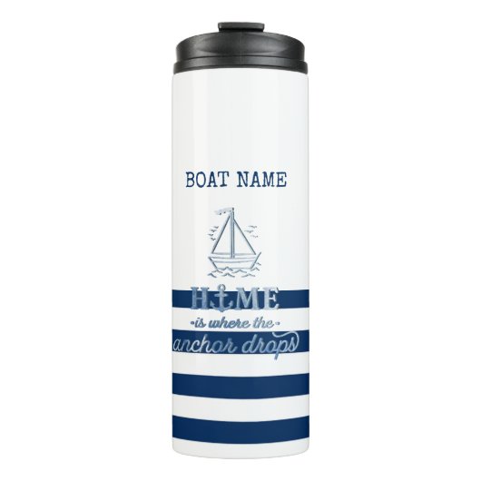 Nautische Bootnaam, Anker Zee Navy Blauw Gestreept Thermosbeker (Voorkant)