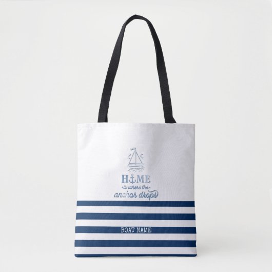 Nautische Bootnaam, Anker Zee Navy Blauw Gestreept Tote Bag (Voorkant)