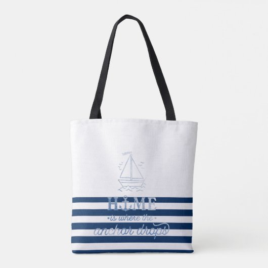 Nautische Bootnaam, Anker Zee Navy Blauw Gestreept Tote Bag (Achterkant)