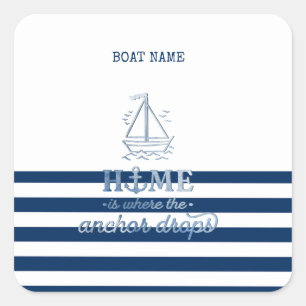 Nautische Bootnaam, Anker Zee Navy Blauw Gestreept Vierkante Sticker