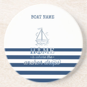 Nautische Bootnaam, Anker Zee Navy Blauw Gestreept Zandsteen Onderzetter