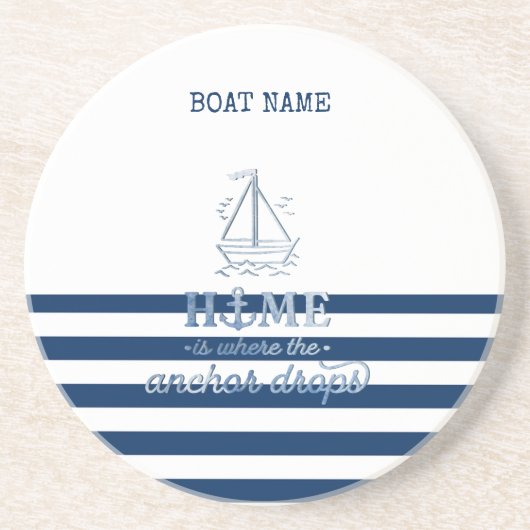 Nautische Bootnaam, Anker Zee Navy Blauw Gestreept Zandsteen Onderzetter (Voorkant)