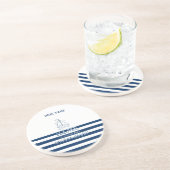 Nautische Bootnaam, Anker Zee Navy Blauw Gestreept Zandsteen Onderzetter (Zijkant)