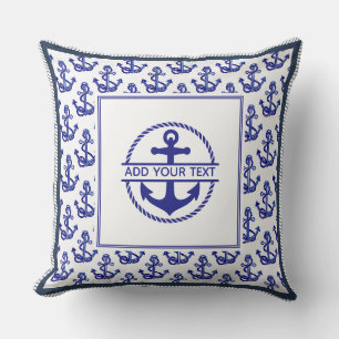 Nautische bootnaam ankerpatroon marineblauw kussen