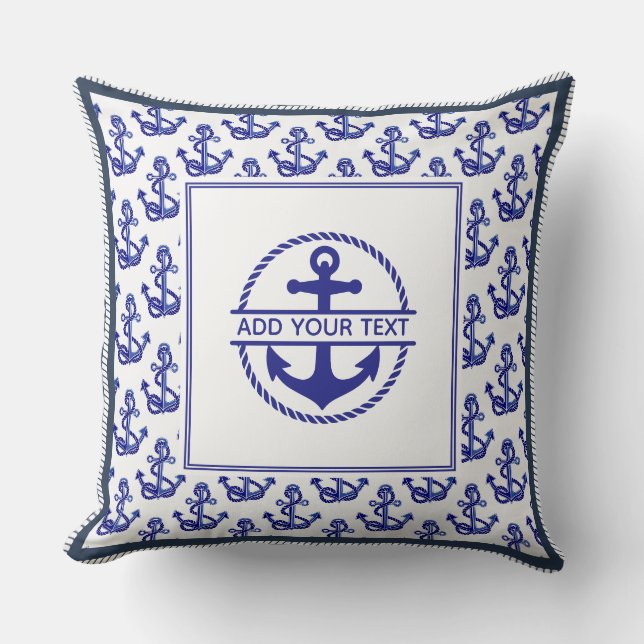 Nautische bootnaam ankerpatroon marineblauw kussen (Voorkant)