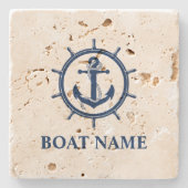 Nautische Bootnaam Ankerwiel Travertijn Stenen Onderzetter (Voorkant)