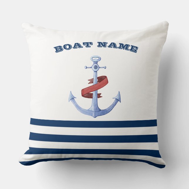 Nautische bootnaam, Blauwe anker marineblauw gestr Kussen (Voorkant)