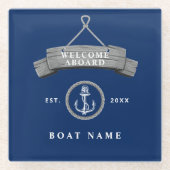 Nautische bootnaam gepersonaliseerd anker marinebl glazen onderzetter (Voorkant)