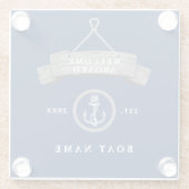 Nautische bootnaam gepersonaliseerd anker marinebl glazen onderzetter (Achterkant)