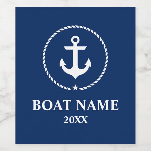Nautische Bootnaam Jaar Anker Touw Marine Blauw Wijn Etiket (Enkel label)